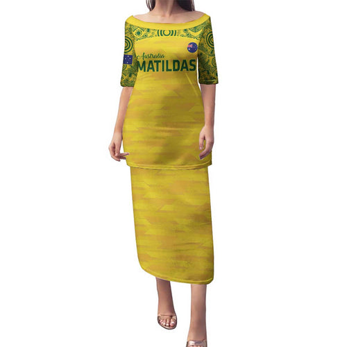 Custom Australia Matildas Family Matching Puletasi and Hawaiian Shirt National Color Indigenous Art