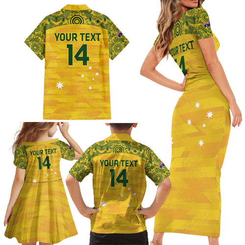 Custom Australia Matildas Family Matching Short Sleeve Bodycon Dress and Hawaiian Shirt National Color Indigenous Art