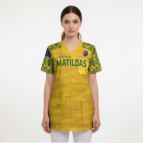 Custom Australia Matildas Scrub Top National Color Indigenous Art - Aussie Hoodie