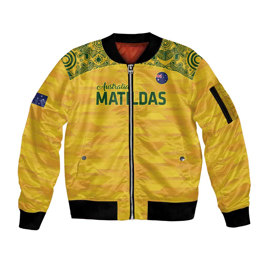 Custom Australia Matildas Sleeve Zip Bomber Jacket National Color Indigenous Art