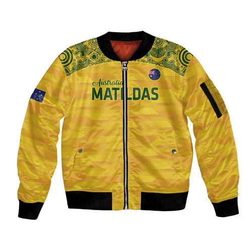 Custom Australia Matildas Sleeve Zip Bomber Jacket National Color Indigenous Art