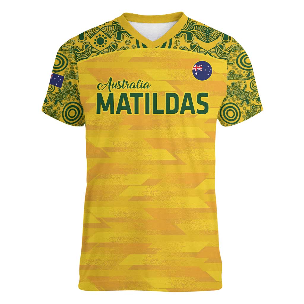 Custom Australia Matildas Women V-Neck T-Shirt National Color Indigenous Art