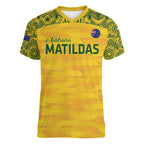 Custom Australia Matildas Women V-Neck T-Shirt National Color Indigenous Art