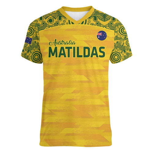 Custom Australia Matildas Women V-Neck T-Shirt National Color Indigenous Art