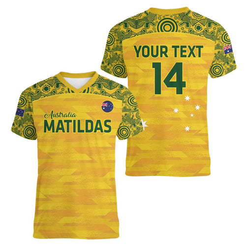 Custom Australia Matildas Women V-Neck T-Shirt National Color Indigenous Art