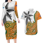 Custom Fiji And Australia Rugby Couples Matching Long Sleeve Bodycon Dress and Hawaiian Shirt Fijian Palm Tree Mix Aussie Kangaroo