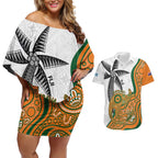 Custom Fiji And Australia Rugby Couples Matching Off Shoulder Short Dress and Hawaiian Shirt Fijian Palm Tree Mix Aussie Kangaroo