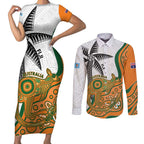 Custom Fiji And Australia Rugby Couples Matching Short Sleeve Bodycon Dress and Long Sleeve Button Shirt Fijian Palm Tree Mix Aussie Kangaroo