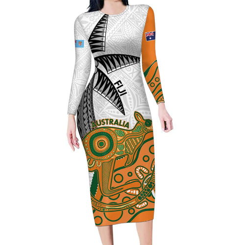 Custom Fiji And Australia Rugby Family Matching Long Sleeve Bodycon Dress and Hawaiian Shirt Fijian Palm Tree Mix Aussie Kangaroo