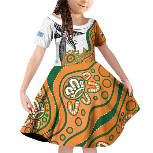Custom Fiji And Australia Rugby Family Matching Off Shoulder Short Dress and Hawaiian Shirt Fijian Palm Tree Mix Aussie Kangaroo
