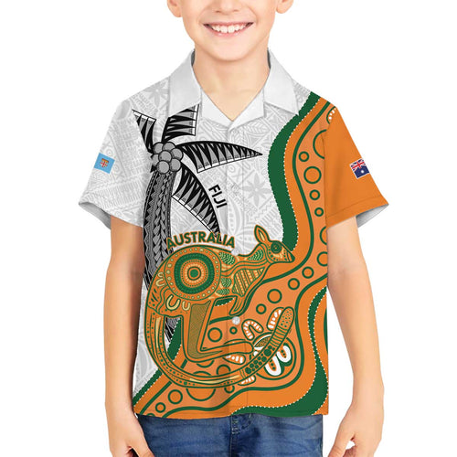 Custom Fiji And Australia Rugby Family Matching Off Shoulder Short Dress and Hawaiian Shirt Fijian Palm Tree Mix Aussie Kangaroo