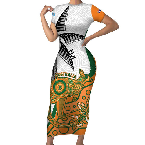 Custom Fiji And Australia Rugby Family Matching Short Sleeve Bodycon Dress and Hawaiian Shirt Fijian Palm Tree Mix Aussie Kangaroo