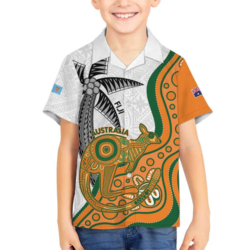 Custom Fiji And Australia Rugby Family Matching Short Sleeve Bodycon Dress and Hawaiian Shirt Fijian Palm Tree Mix Aussie Kangaroo