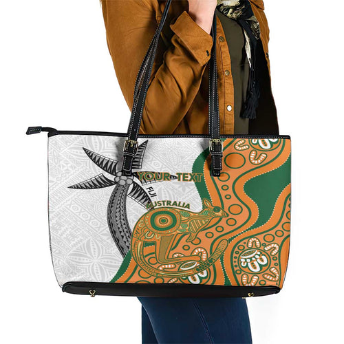 Custom Fiji And Australia Rugby Leather Tote Bag Fijian Palm Tree Mix Aussie Kangaroo