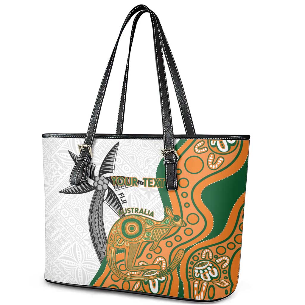 Custom Fiji And Australia Rugby Leather Tote Bag Fijian Palm Tree Mix Aussie Kangaroo