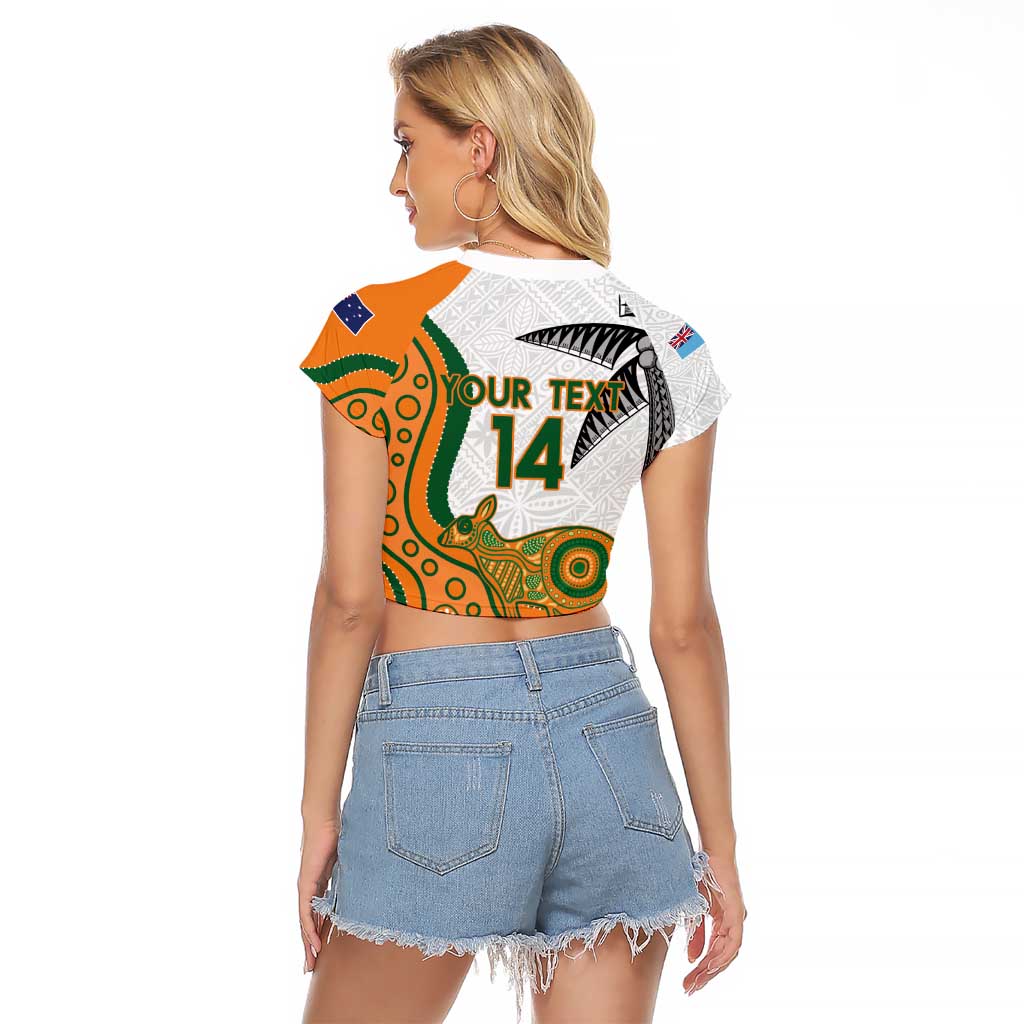 Custom Fiji And Australia Rugby Raglan Cropped T Shirt Fijian Palm Tree Mix Aussie Kangaroo