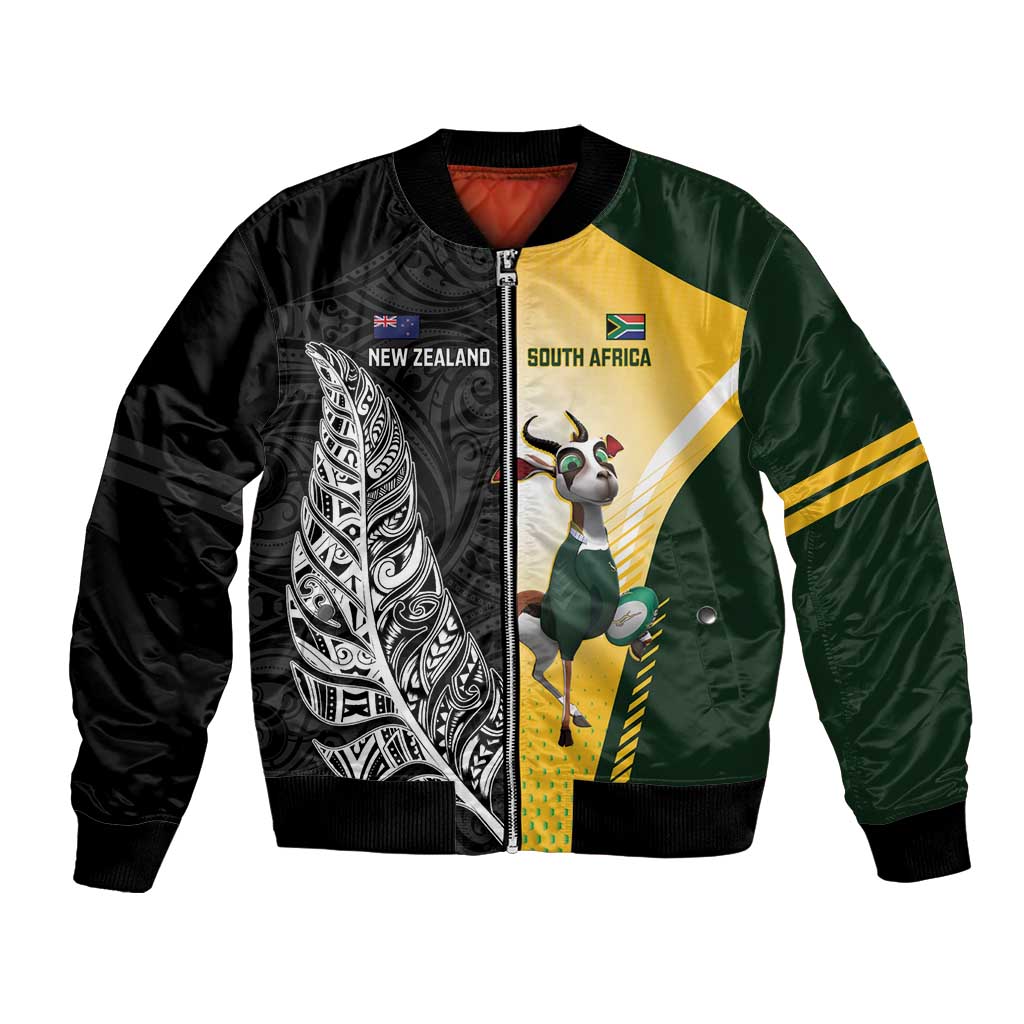 New Zealand and South Africa Rugby Custom Bomber Jacket Maori Silver Fern Springbok Together - Aussie Hoodie