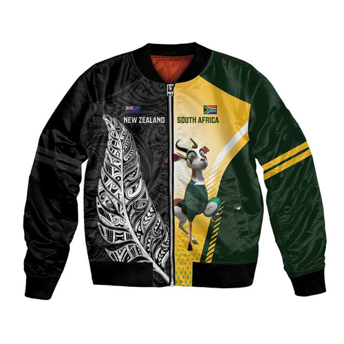 New Zealand and South Africa Rugby Custom Bomber Jacket Maori Silver Fern Springbok Together - Aussie Hoodie