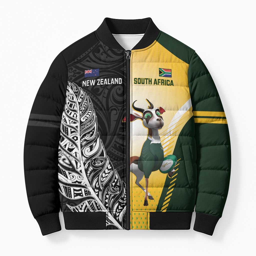 New Zealand and South Africa Rugby Custom Bomber Puffer Jacket Maori Silver Fern Springbok Together - Aussie Hoodie