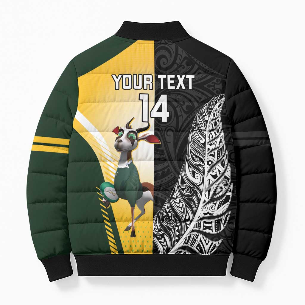 New Zealand and South Africa Rugby Custom Bomber Puffer Jacket Maori Silver Fern Springbok Together - Aussie Hoodie