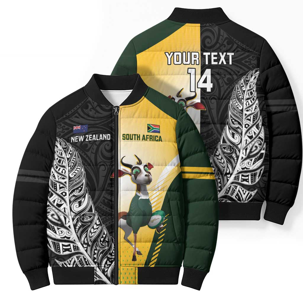 New Zealand and South Africa Rugby Custom Bomber Puffer Jacket Maori Silver Fern Springbok Together - Aussie Hoodie