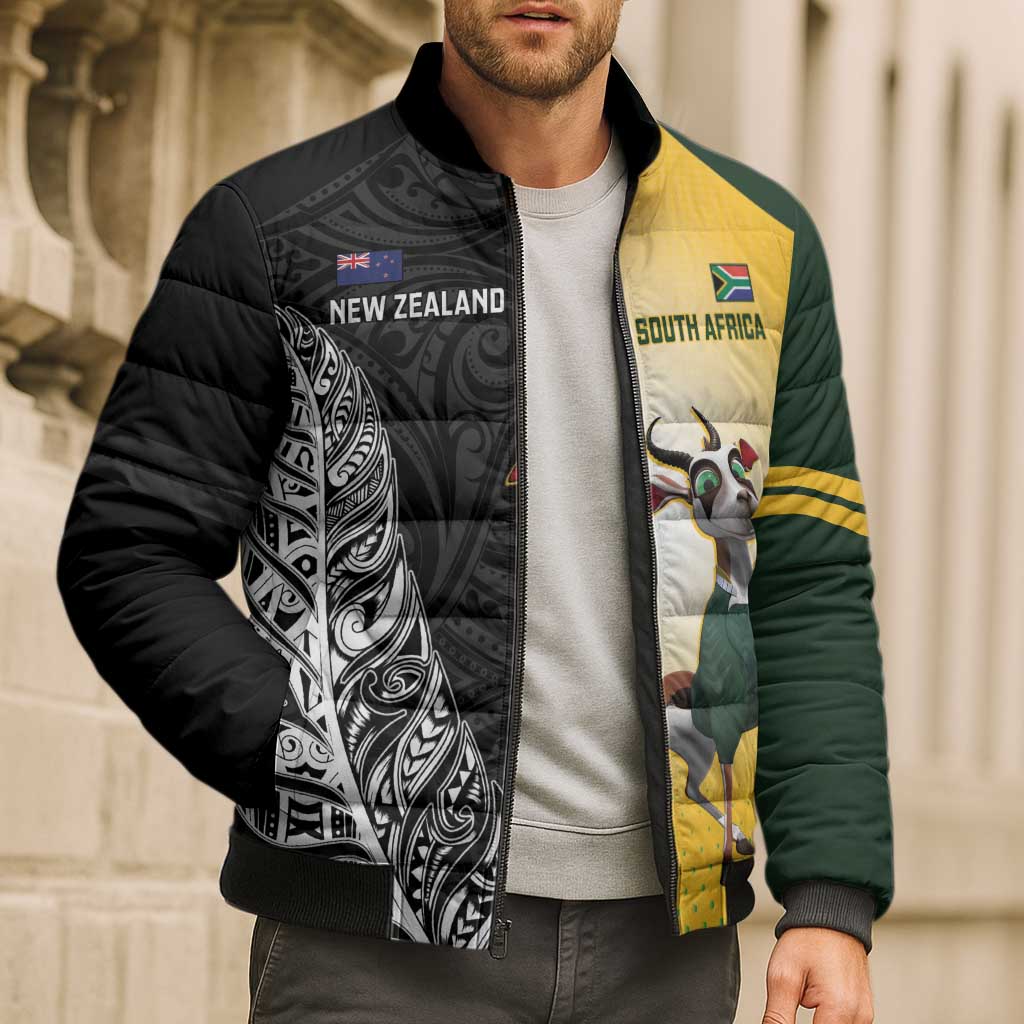 New Zealand and South Africa Rugby Custom Bomber Puffer Jacket Maori Silver Fern Springbok Together - Aussie Hoodie