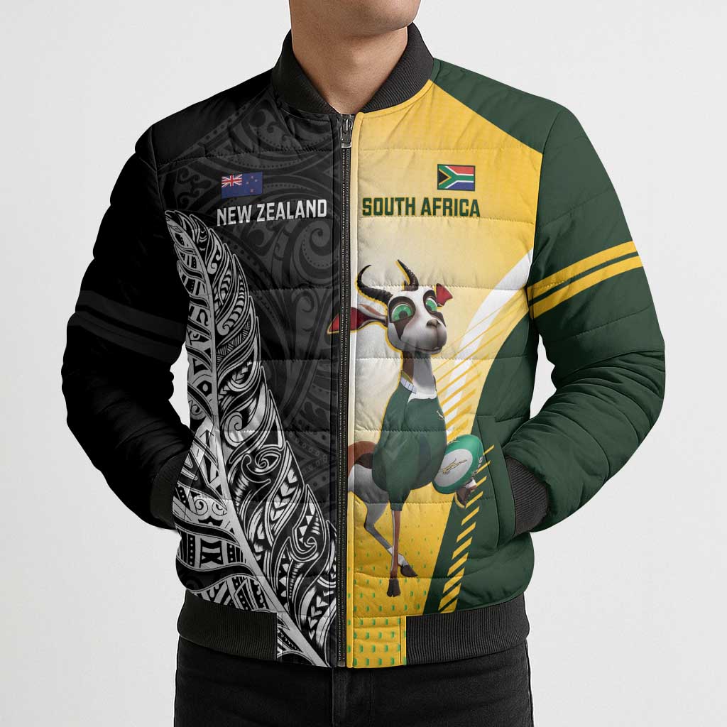 New Zealand and South Africa Rugby Custom Bomber Puffer Jacket Maori Silver Fern Springbok Together - Aussie Hoodie