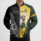 New Zealand and South Africa Rugby Custom Bomber Puffer Jacket Maori Silver Fern Springbok Together - Aussie Hoodie