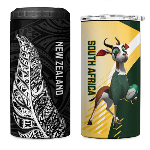 New Zealand and South Africa Rugby 4 in 1 Can Cooler Tumbler Maori Silver Fern Springbok Together - Aussie Hoodie
