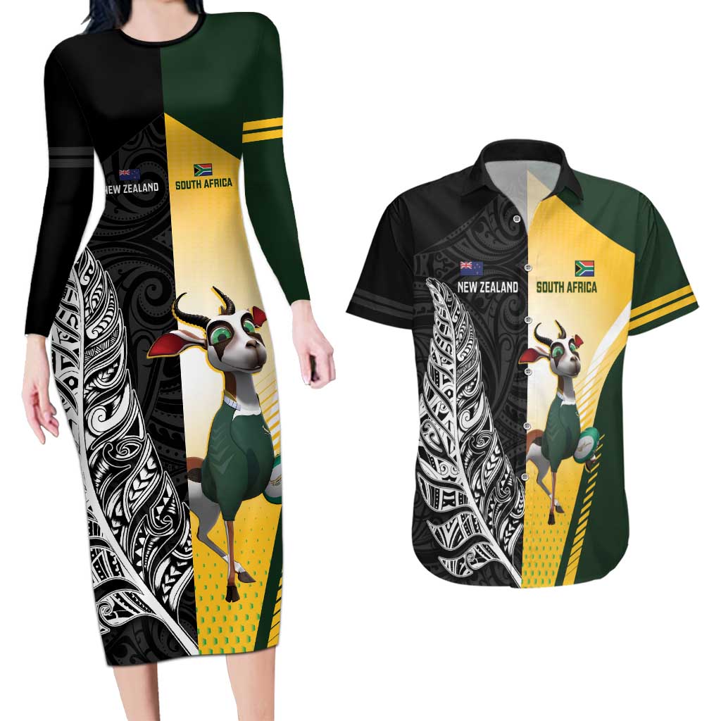 New Zealand and South Africa Rugby Custom Couples Matching Long Sleeve Bodycon Dress and Hawaiian Shirt Maori Silver Fern Springbok Together - Aussie Hoodie