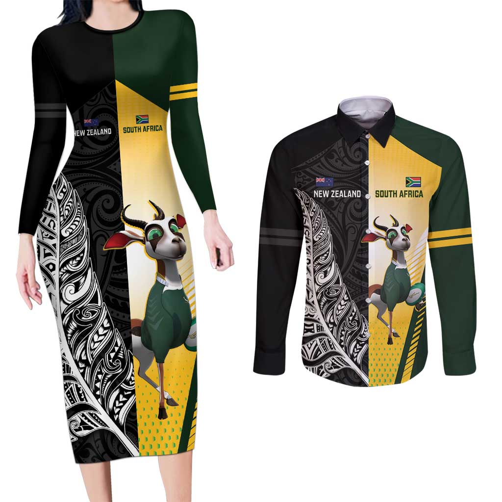 New Zealand and South Africa Rugby Custom Couples Matching Long Sleeve Bodycon Dress and Long Sleeve Button Shirt Maori Silver Fern Springbok Together - Aussie Hoodie