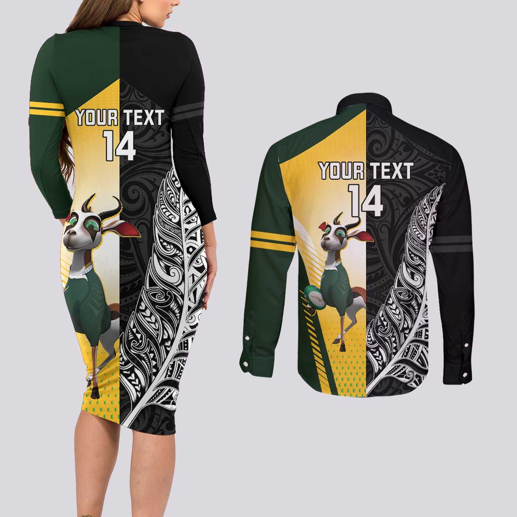 New Zealand and South Africa Rugby Custom Couples Matching Long Sleeve Bodycon Dress and Long Sleeve Button Shirt Maori Silver Fern Springbok Together - Aussie Hoodie