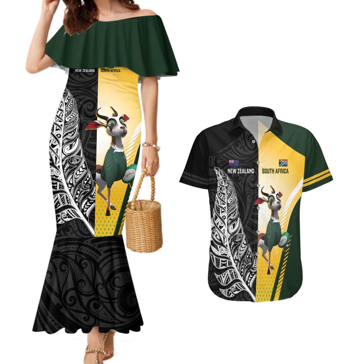 New Zealand and South Africa Rugby Custom Couples Matching Mermaid Dress and Hawaiian Shirt Maori Silver Fern Springbok Together - Aussie Hoodie