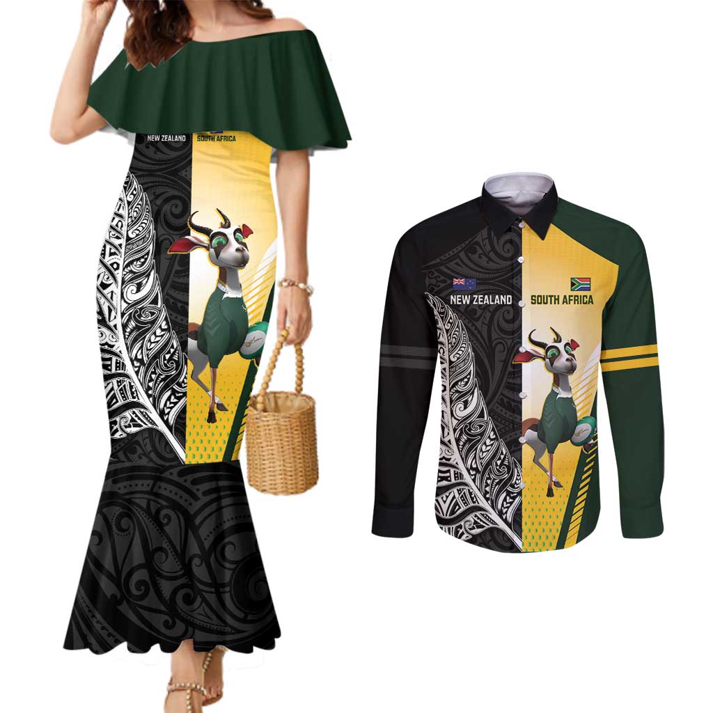New Zealand and South Africa Rugby Custom Couples Matching Mermaid Dress and Long Sleeve Button Shirt Maori Silver Fern Springbok Together - Aussie Hoodie