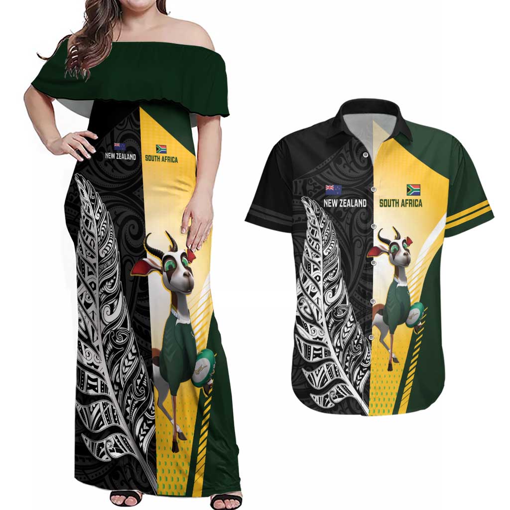 New Zealand and South Africa Rugby Custom Couples Matching Off Shoulder Maxi Dress and Hawaiian Shirt Maori Silver Fern Springbok Together - Aussie Hoodie