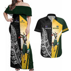 New Zealand and South Africa Rugby Custom Couples Matching Off Shoulder Maxi Dress and Hawaiian Shirt Maori Silver Fern Springbok Together - Aussie Hoodie