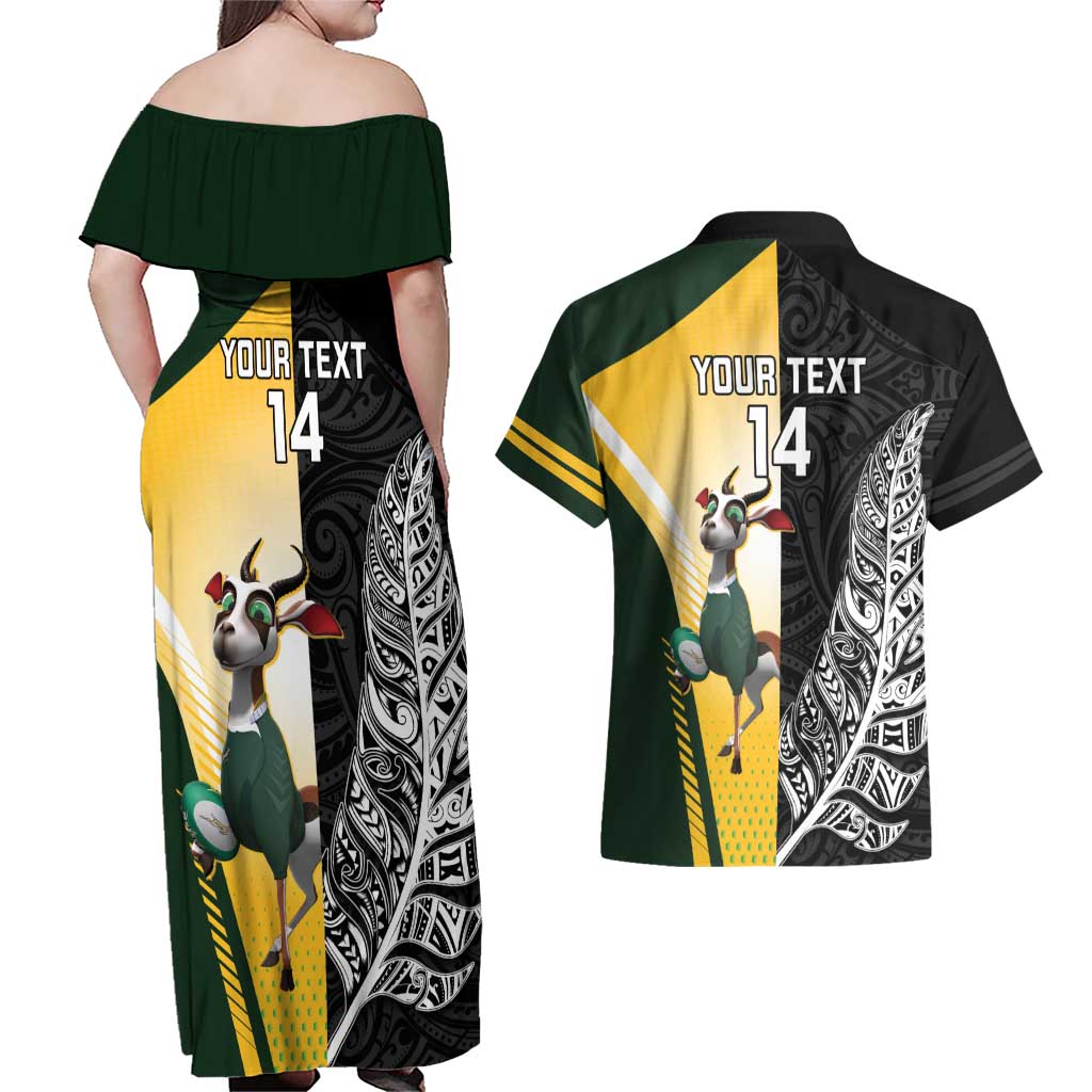 New Zealand and South Africa Rugby Custom Couples Matching Off Shoulder Maxi Dress and Hawaiian Shirt Maori Silver Fern Springbok Together - Aussie Hoodie