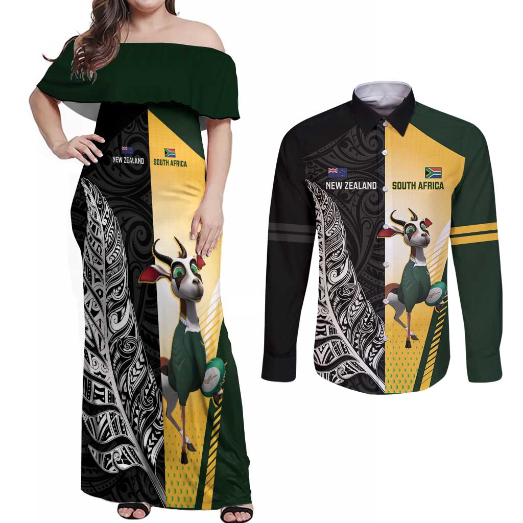 New Zealand and South Africa Rugby Custom Couples Matching Off Shoulder Maxi Dress and Long Sleeve Button Shirt Maori Silver Fern Springbok Together - Aussie Hoodie