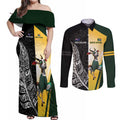 New Zealand and South Africa Rugby Custom Couples Matching Off Shoulder Maxi Dress and Long Sleeve Button Shirt Maori Silver Fern Springbok Together - Aussie Hoodie