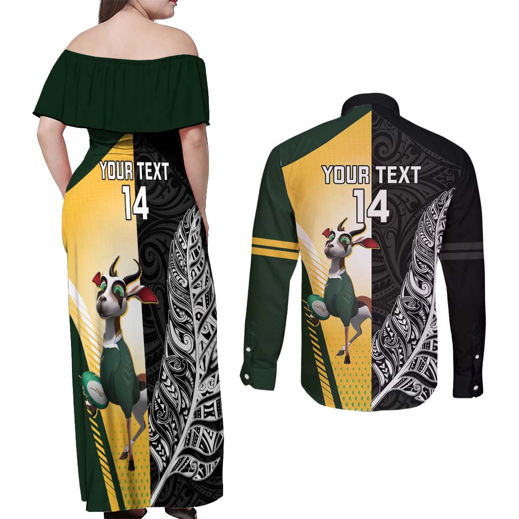 New Zealand and South Africa Rugby Custom Couples Matching Off Shoulder Maxi Dress and Long Sleeve Button Shirt Maori Silver Fern Springbok Together - Aussie Hoodie