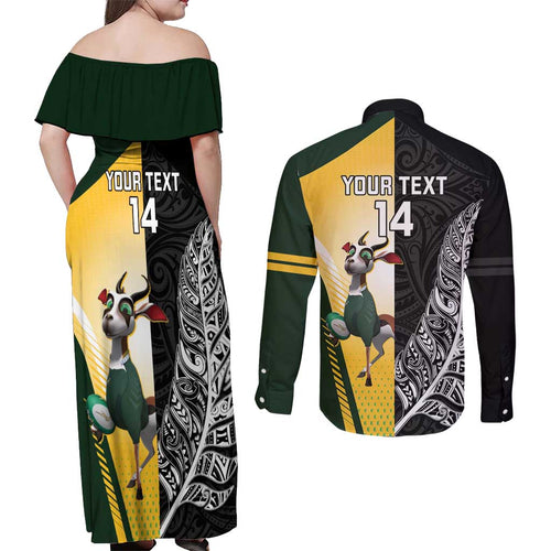 New Zealand and South Africa Rugby Custom Couples Matching Off Shoulder Maxi Dress and Long Sleeve Button Shirt Maori Silver Fern Springbok Together - Aussie Hoodie