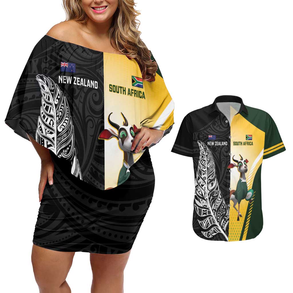 New Zealand and South Africa Rugby Custom Couples Matching Off Shoulder Short Dress and Hawaiian Shirt Maori Silver Fern Springbok Together - Aussie Hoodie