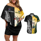 New Zealand and South Africa Rugby Custom Couples Matching Off Shoulder Short Dress and Hawaiian Shirt Maori Silver Fern Springbok Together - Aussie Hoodie
