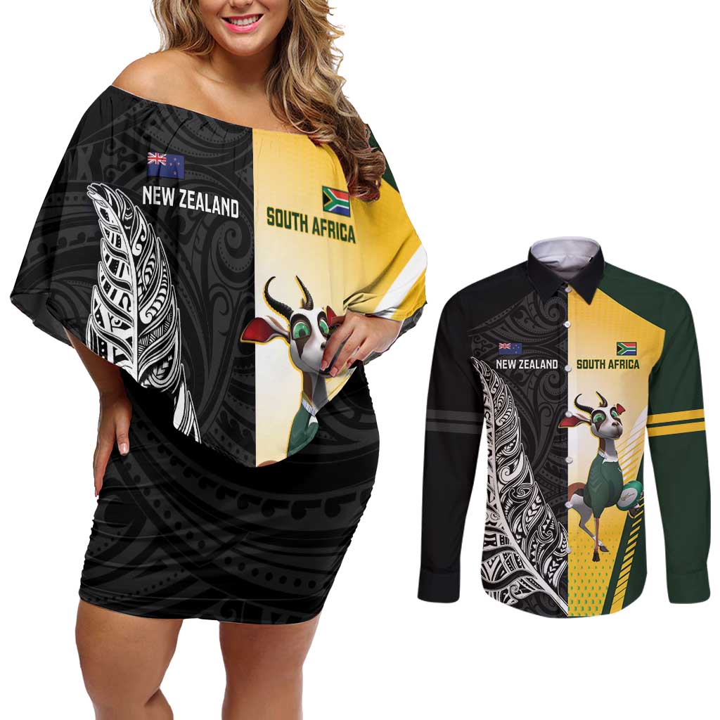 New Zealand and South Africa Rugby Custom Couples Matching Off Shoulder Short Dress and Long Sleeve Button Shirt Maori Silver Fern Springbok Together - Aussie Hoodie