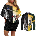New Zealand and South Africa Rugby Custom Couples Matching Off Shoulder Short Dress and Long Sleeve Button Shirt Maori Silver Fern Springbok Together - Aussie Hoodie