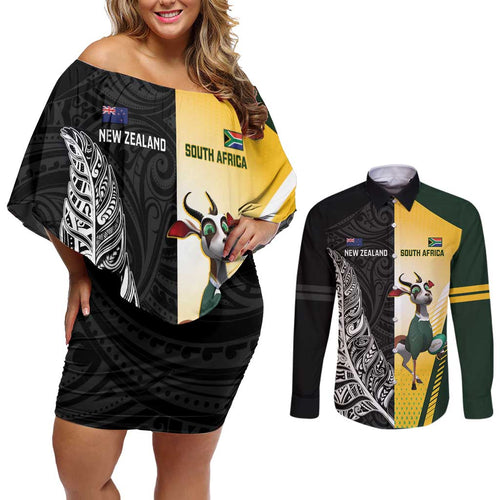 New Zealand and South Africa Rugby Custom Couples Matching Off Shoulder Short Dress and Long Sleeve Button Shirt Maori Silver Fern Springbok Together - Aussie Hoodie