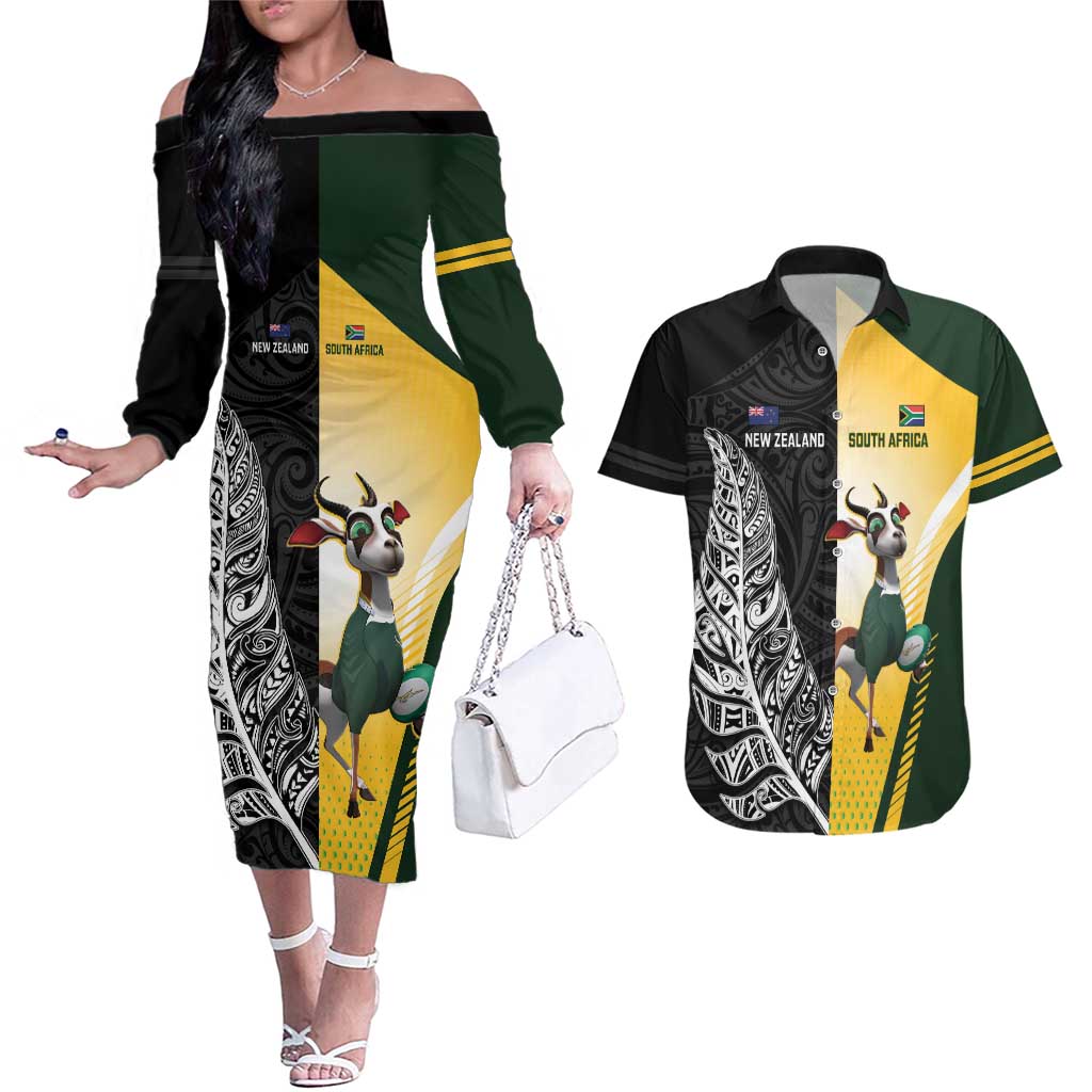 New Zealand and South Africa Rugby Custom Couples Matching Off The Shoulder Long Sleeve Dress and Hawaiian Shirt Maori Silver Fern Springbok Together - Aussie Hoodie