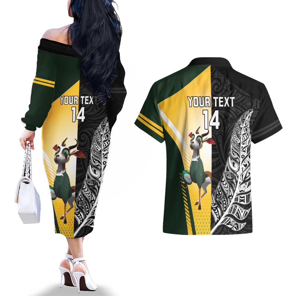 New Zealand and South Africa Rugby Custom Couples Matching Off The Shoulder Long Sleeve Dress and Hawaiian Shirt Maori Silver Fern Springbok Together - Aussie Hoodie