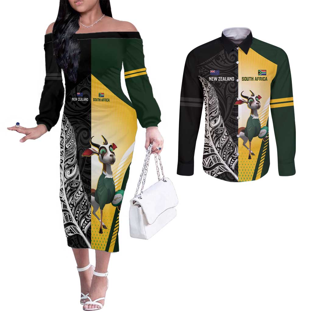 New Zealand and South Africa Rugby Custom Couples Matching Off The Shoulder Long Sleeve Dress and Long Sleeve Button Shirt Maori Silver Fern Springbok Together - Aussie Hoodie