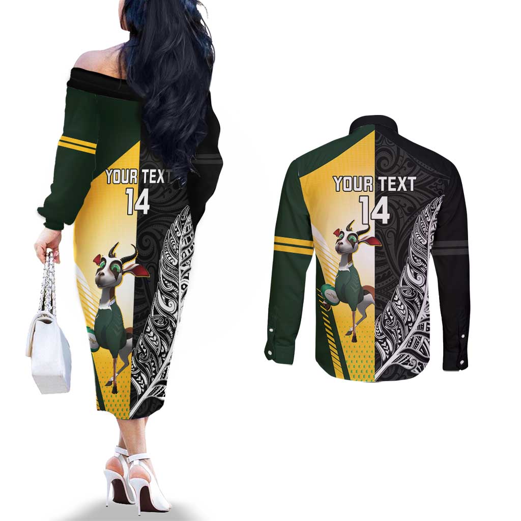 New Zealand and South Africa Rugby Custom Couples Matching Off The Shoulder Long Sleeve Dress and Long Sleeve Button Shirt Maori Silver Fern Springbok Together - Aussie Hoodie